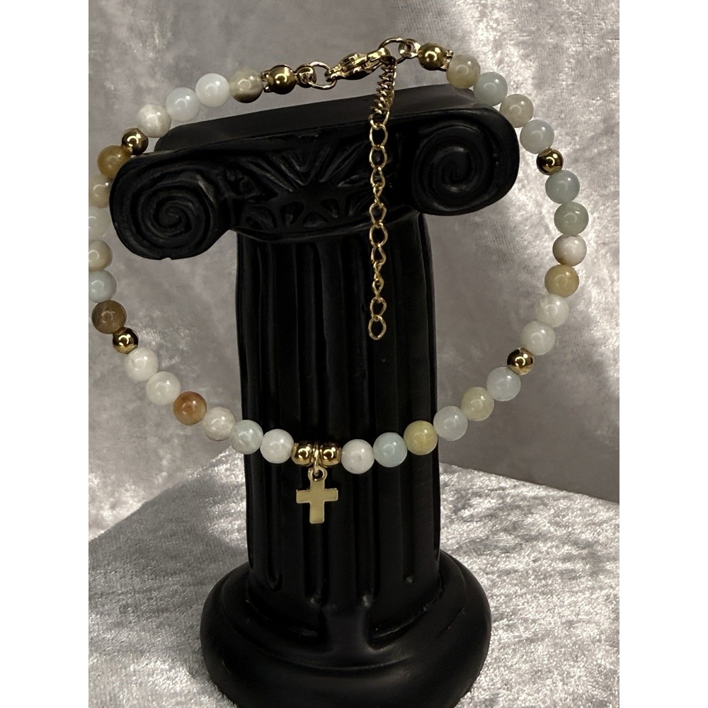 Natural Jade Bead Cross Bracelet Gold Tone Adjustable Christian Faith Jewelry Gi